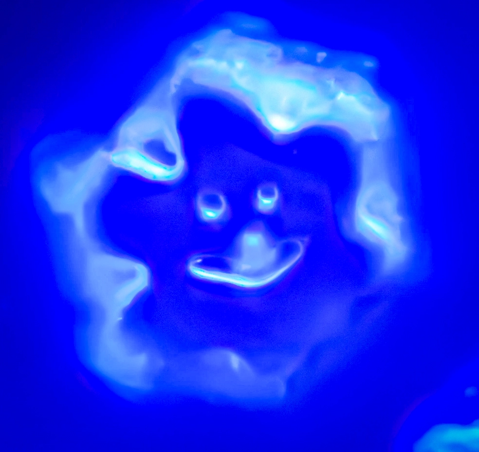 Cristallisation d'eau pure révélant une expression joyeuse au microscope. Cette image illustre la mémoire de l'eau et sa capacité à structurer des formes harmonieuses en réponse aux énergies environnantes. Photographie scientifique et poétique de la conscience aquatique.