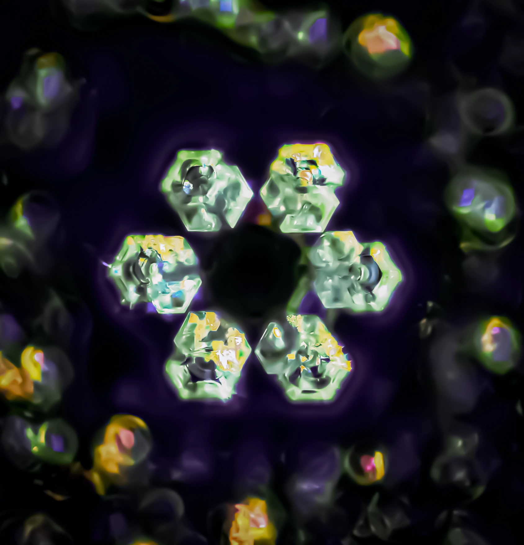 Cristal d'eau photographié au microscope révélant une structure harmonieuse. Photographie inspirée des recherches de Masaru Emoto sur la mémoire de l'eau et les vibrations positives.