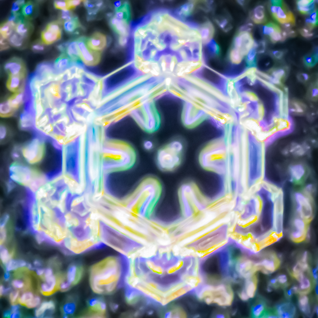 Smiley naturel dans l'eau cristallisée, photographié au microscope. Témoignage visuel de la synchronicité entre la matière et l'énergie, manifestation de la physique quantique dans la beauté géométrique de l'eau pure.