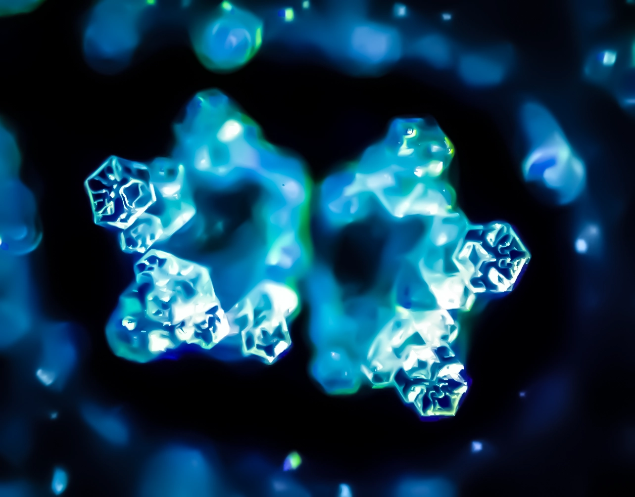 Formation cristalline d'eau exposée aux intentions d'amour et gratitude, selon la méthode Masaru Emoto. Marc Henry explique ces phénomènes par les domaines de cohérence quantique. Cristal hexagonal parfait révélant les mystères de l'eau et sa capacité à stocker l'information.